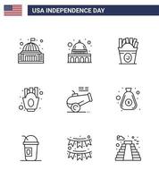 pacote de 9 sinais de linhas de celebração do dia da independência dos eua e símbolos de 4 de julho, como batatas fritas de wisconsin batatas fritas eua editáveis elementos de design vetorial do dia dos eua vetor