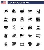 feliz dia da independência dos eua conjunto de pictogramas de 25 glifos sólidos simples de segurança de bebida americana mapa dos eua editável dia dos eua vetor elementos de design