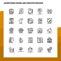 conjunto de promoção de publicidade e conjunto de ícones de linha de processo criativo 25 ícones design de estilo de minimalismo vetorial conjunto de ícones pretos pacote de pictograma linear vetor