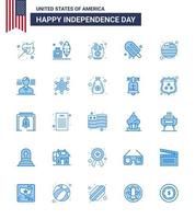 conjunto moderno de 25 azuis e símbolos no dia da independência dos eua, como bandeira eua sorvete americano rápido editável dia dos eua elementos de design vetorial vetor