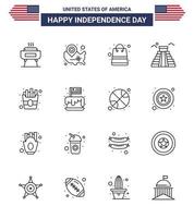 feliz dia da independência pacote de ícones de 16 linhas para web e impressão rápida localização americana pin marco loja editável dia dos eua elementos de design vetorial vetor