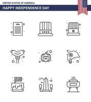 pacote de linha de 9 símbolos do dia da independência dos eua de boné de cabeça de abóbora frankfurter americano editável elementos de design do vetor do dia dos eua
