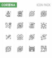 Conjunto de ícones de 16 linhas de proteção de coronavírus de proteção covid19, como consultar aviso de perigo de ciência de saúde coronavírus viral 2019nov elementos de design de vetor de doença