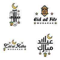 conjunto de 4 vetores eid mubarak feliz eid para você em estilo de caligrafia árabe script encaracolado com lua de lâmpada de estrelas