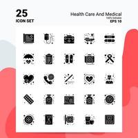 25 cuidados de saúde e conjunto de ícones médicos 100 eps editáveis 10 arquivos idéias de conceito de logotipo de negócios design de ícone de glifo sólido vetor