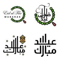 conjunto de 4 vetores eid mubarak feliz eid para você em estilo de caligrafia árabe script encaracolado com lua de lâmpada de estrelas