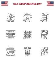 pacote de 9 sinais de linhas de celebração do dia da independência dos eua e símbolos de 4 de julho, como celebração de álcool americano bandeiras americanas editáveis elementos de design vetorial do dia dos eua vetor