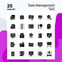 25 conjunto de ícones de gerenciamento de dados 100 eps editáveis 10 arquivos idéias de conceito de logotipo de negócios design de ícone de glifo sólido vetor