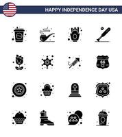 pacote de 16 sinais de glifos sólidos de celebração do dia da independência dos eua e símbolos de 4 de julho, como batatas fritas americanas dos eua esportes beisebol editáveis elementos de design vetorial do dia dos eua vetor