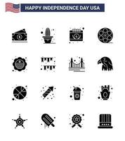 4 de julho eua feliz dia da independência ícone símbolos grupo de 16 glifos sólidos modernos da bandeira americana vídeo movis editável eua dia vetor elementos de design