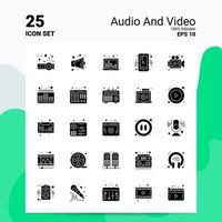 25 conjunto de ícones de áudio e vídeo 100 eps editáveis 10 arquivos idéias de conceito de logotipo de negócios design de ícone de glifo sólido vetor