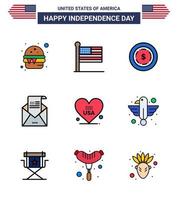 feliz dia da independência pacote de 9 linhas planas preenchidas sinais e símbolos para o correio de amor envelope de convite americano editável dia dos eua vetor elementos de design