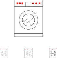 máquina de cozinha lavando conjunto de ícones de linha preta fina e ousada vetor
