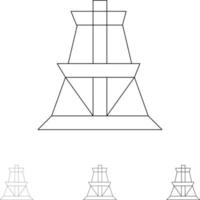 conjunto de ícones de linha preta em negrito e fino de torre de transmissão de transmissão de energia elétrica vetor