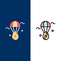 ícone de páscoa de balão de orelha de ovo plano e conjunto de ícones cheios de linha vector fundo azul