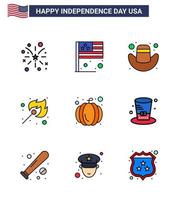 pacote de linha cheia plana de 9 símbolos do dia da independência dos eua do festival dos eua americano fogo ao ar livre americano editável elementos de design do vetor do dia dos eua