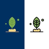 ícones de motivação de planta de folha plana e conjunto de ícones cheios de linha vector fundo azul