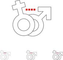 gênero masculino feminino símbolo negrito e fino conjunto de ícones de linha preta