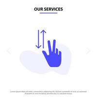 nossos serviços, gestos com os dedos, dois para cima, para baixo, modelo de cartão da web de ícone de glifo sólido vetor