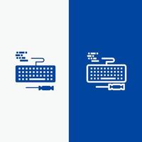 linha de reparo de hardware de teclado e ícone sólido glifo banner azul linha e ícone sólido glifo banner azul vetor
