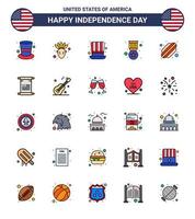 4 de julho eua feliz dia da independência ícone símbolos grupo de 25 linhas planas cheias modernas de estados chapéu americano distintivo militar editável dia dos eua vetor elementos de design