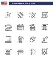 conjunto de 16 ícones do dia dos eua símbolos americanos sinais do dia da independência para xícara de cinema sinal de chá americano editável elementos de design do vetor do dia dos eua