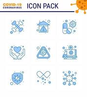 9 pacote de ícones de coronavírus azul covid19, como cuidados de saúde, mãos, pílula de cuidados com vírus, coronavírus viral, elementos de design de vetor de doença de 2019nov