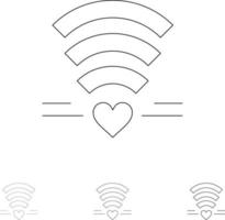 wifi amor casamento coração conjunto de ícones de linha preta fina e ousada vetor