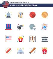 pacote plano de 16 símbolos do dia da independência dos eua da bola do chapéu americano bola dos eua editável elementos de design do vetor do dia dos eua