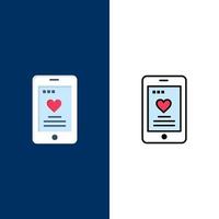 ícones de casamento de telefone de amor celular plano e conjunto de ícones cheios de linha vector fundo azul