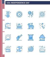 conjunto moderno de 16 azuis e símbolos no dia da independência dos eua, como capacete bloons americanos assinam elementos de design de vetor editáveis do dia dos eua da polícia