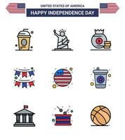 grande pacote de 9 eua feliz dia da independência eua vector linhas planas preenchidas e símbolos editáveis de estátua de bandeiras de festa dinheiro americano editável dia dos eua elementos de design vetorial