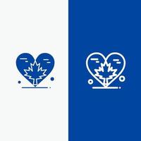 coração amor outono canadá folha linha e glifo ícone sólido azul bandeira linha e glifo ícone sólido bandeira azul vetor