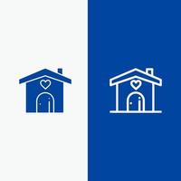 casa amor coração linha de casamento e ícone sólido de glifo banner azul linha e ícone sólido de glifo banner azul vetor