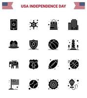 feliz dia da independência eua pacote de 16 glifos sólidos criativos de saco de chapéu americano edifício americano editável dia dos eua vetor elementos de design