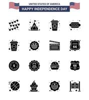 feliz dia da independência eua pacote de 16 glifos sólidos criativos de bebida americana bebida cola quente eu editável dia dos eua elementos de design vetorial vetor