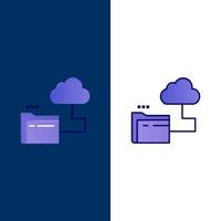 ícones de arquivo de armazenamento de pasta em nuvem plano e conjunto de ícones cheios de linha vector fundo azul