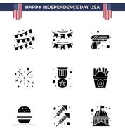 9 sinais de glifo sólido dos eua símbolos de celebração do dia da independência de distintivo arma dos eua fogos de artifício americanos editáveis elementos de design do vetor do dia dos eua