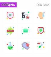 Pacote de ícones epidêmicos de coronavírus de 9 cores lisas, como alerta de vírus de doença facial, bactérias, vírus viral, elementos de design de vetor de doença de 2019nov