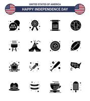 feliz dia da independência pacote de 16 sinais de glifos sólidos e símbolos para celebração de rolagem de águia de churrasco americano editável elementos de design de vetor de dia dos eua