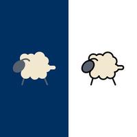 ícones de páscoa de lã de ovelha de cordeiro plana e conjunto de ícones cheios de linha vector fundo azul