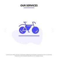 nossos serviços modelo de cartão da web de ícone de glifo sólido a pé esporte de bicicleta vetor