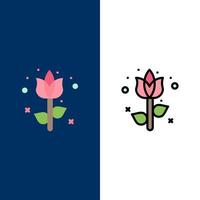 ícones de planta de flor de páscoa de decoração plano e conjunto de ícones cheios de linha vector fundo azul