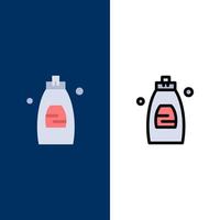 gel de limpeza do banheiro, ícones de sabão de banho, plano e conjunto de ícones cheios de linha fundo azul vetorial vetor