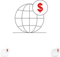 dólar globo de negócios globais internacional conjunto de ícones de linha preta fina e ousada vetor