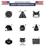 grande pacote de 9 eua feliz dia da independência eua vector glifos sólidos e símbolos editáveis de refeição hambúrguer de construção rápida pássaro editável dia dos eua elementos de design vetorial