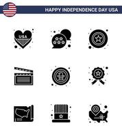 feliz dia da independência pacote de 9 sinais e símbolos de glifos sólidos para pássaros eua homens vídeo americano editável dia eua vetor elementos de design