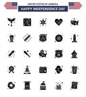 feliz dia da independência 4 de julho conjunto de 25 glifo sólido pictograma americano de mapa unido bandeira da polícia amor editável dia dos eua vetor elementos de design