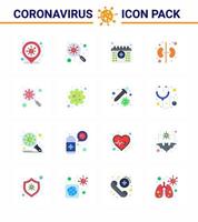 vírus corona 2019 e 2020 epidemia 16 pacote de ícones de cores planas, como devírus, pesquisa de órgão, tempo renal, vírus viral, elementos de design de vetor de doença 2019nov