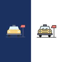 ícones de serviço de hotel de estacionamento de carro plano e conjunto de ícones cheios de linha vector fundo azul